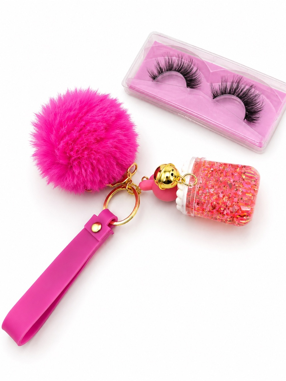 Pink Pom Pom Glitter Cup Keychain Wrist Strap - Kids Accessories